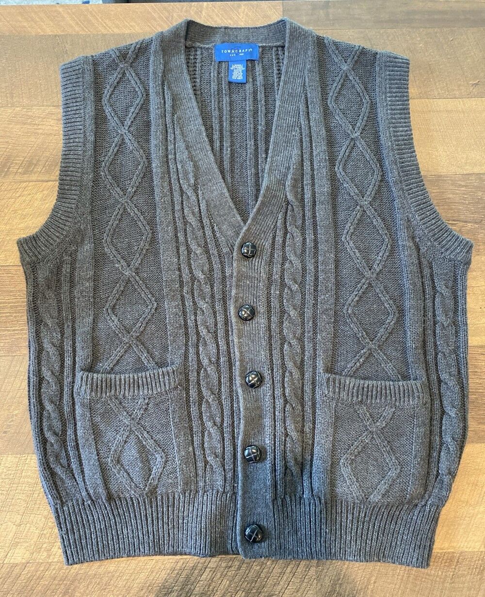 Vtg TOWNCRAFT Sweater Vest LARGE Cable Knit Gray Grandpa Dad Buttons Pockets 90s
